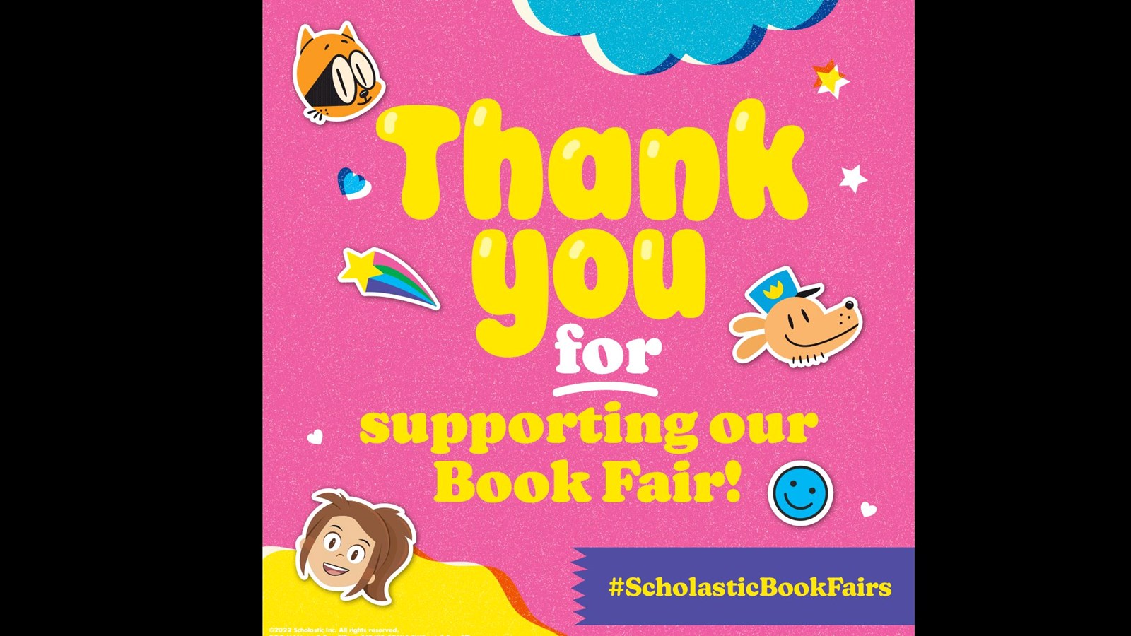 Thank you for supporting our Book Fair! in yellow with pics of book characters